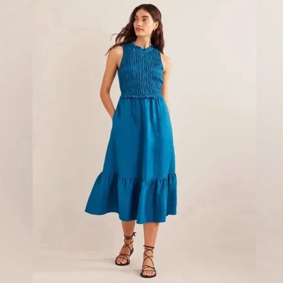 Boden | Dresses | Boden 0 Linen Smocked Teal Midi Dress Sleeveless  Turquoise Flowy Tiered 6p | Poshmark